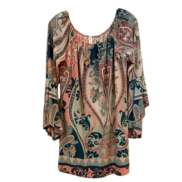 Relaxed Blue and Pink Blouse with Embellished Neckline - Picture 1 of 3